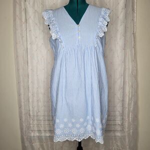 Loft Striped Eyelet Button Ruffle Swing Dress Country Cottage Beach Coastal‎ LP